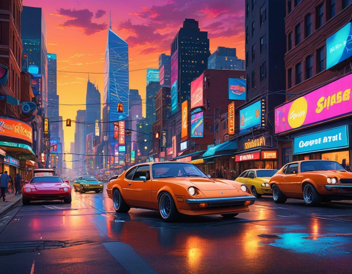 A dynamic scene showcasing a vibrant city skyline at dusk with animated cars racing through the streets, adorned with playful, cartoonish elements. Include exaggerated features like oversized wheels and whimsical characters enjoying the ride, reflecting the influence of adult animation. The background should capture the energy of car culture with neon lights and lively street art. super-realistic. vibrant colors. 3D.