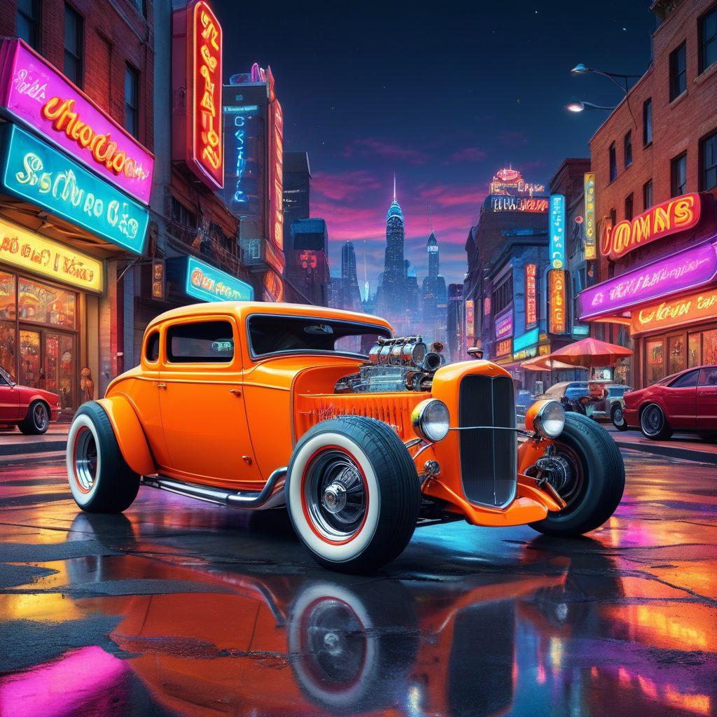A vibrant collage showcasing a retro hot rod driving through a cityscape filled with playful cartoonish characters inspired by hentai art, blending automotive culture with adult themes. The hot rod should be colorful and detailed, while the background features a city with neon lights and whimsical proportions, creating a surreal, dynamic atmosphere. The overall tone should mix cheeky humor with a gritty automotive edge. super-realistic. vibrant colors. 3D.
