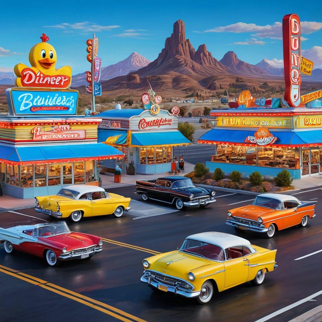 A dynamic scene showcasing a vivid, cartoonish landscape where animated car characters come to life, interacting with adult-themed elements like a retro diner and funky roadside attractions. The cars should be styled with exaggerated features and vibrant colors, capturing the essence of automotive passion while integrating playful, adult humor. Include a clear blue sky and a winding road to enhance the adventurous feel. cartoon style. vibrant colors. super-realistic details.